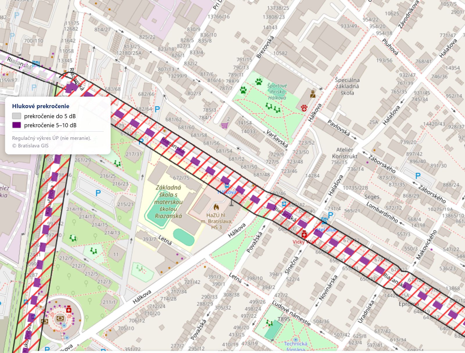 Mapa devcheck s vrstvou Hluk – pás prekročenia hlukovej hladiny 5 až 10 dB pozdĺž Riazanskej a Kukučínovej v Bratislave