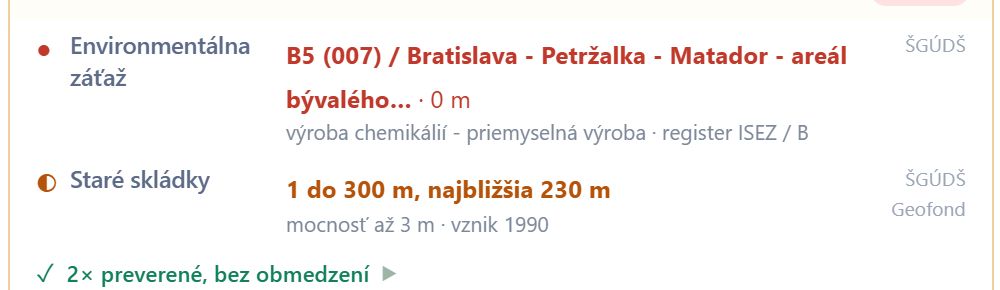 Blok Kontaminácia a hygiena v karte rizík devcheck – environmentálna záťaž Matador v Petržalke, register ISEZ / B, a stará skládka 230 m od pozemku