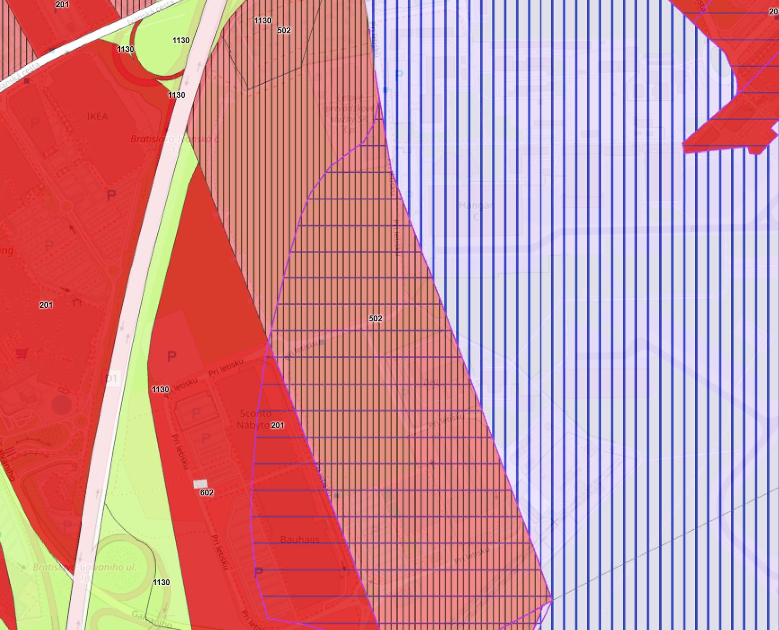 Mapa funkčných plôch územného plánu Bratislavy – kódy 201, 502, 602 a 1130 s rôznymi hodnotami IPP