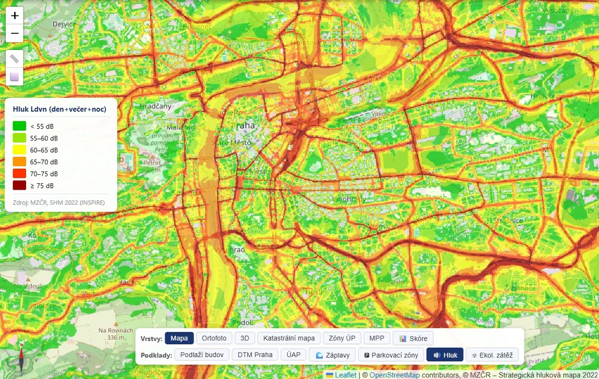 Hluková mapa Prahy v aplikaci devcheck