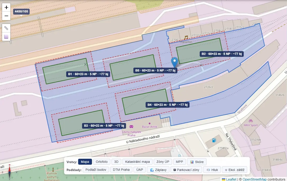 Záměry v okolí parcely – 2D pohled v aplikaci devcheck