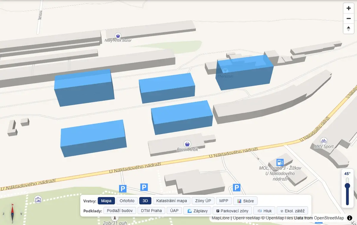 Záměry v okolí parcely – 3D pohled v aplikaci devcheck